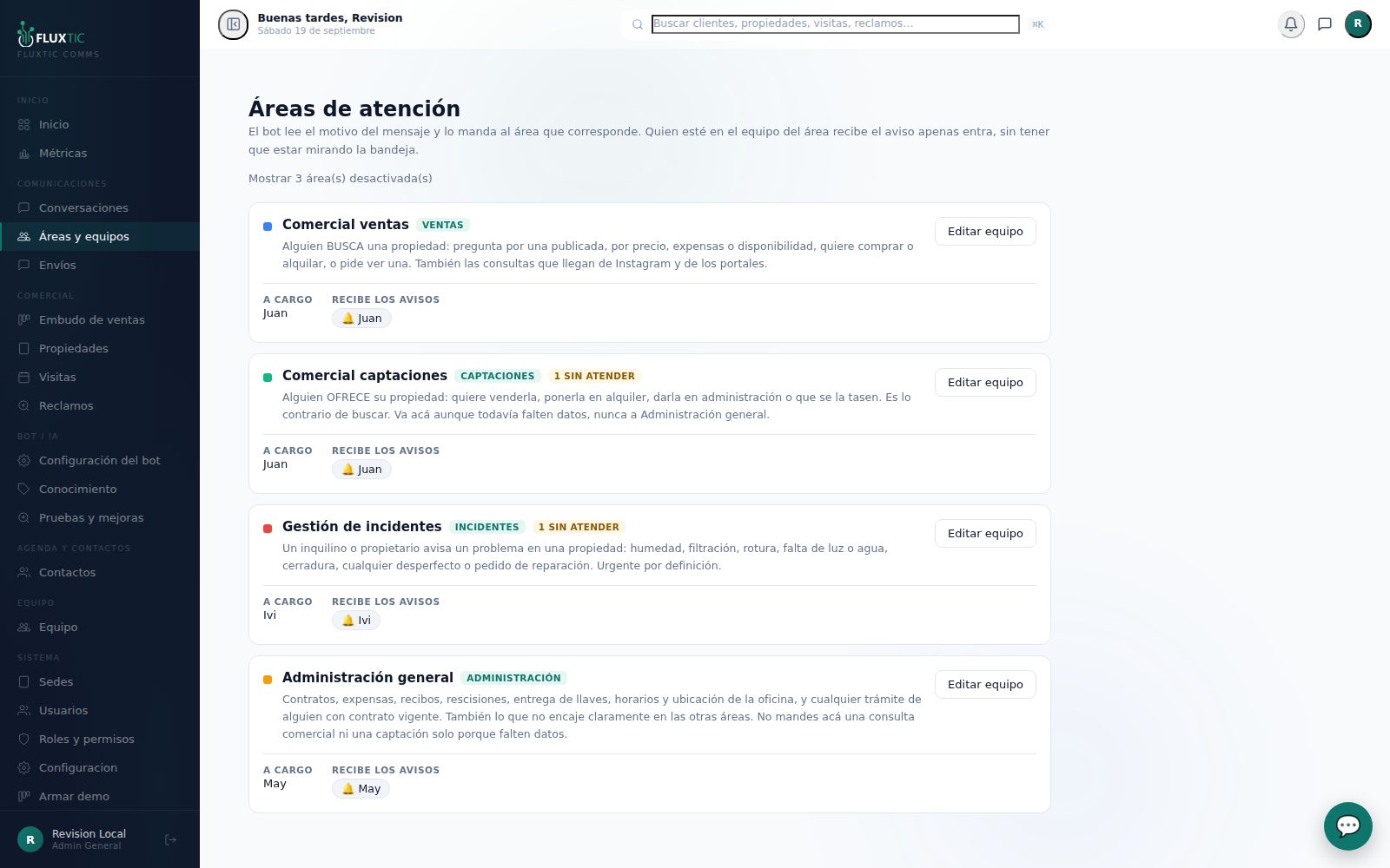 Áreas y equipos